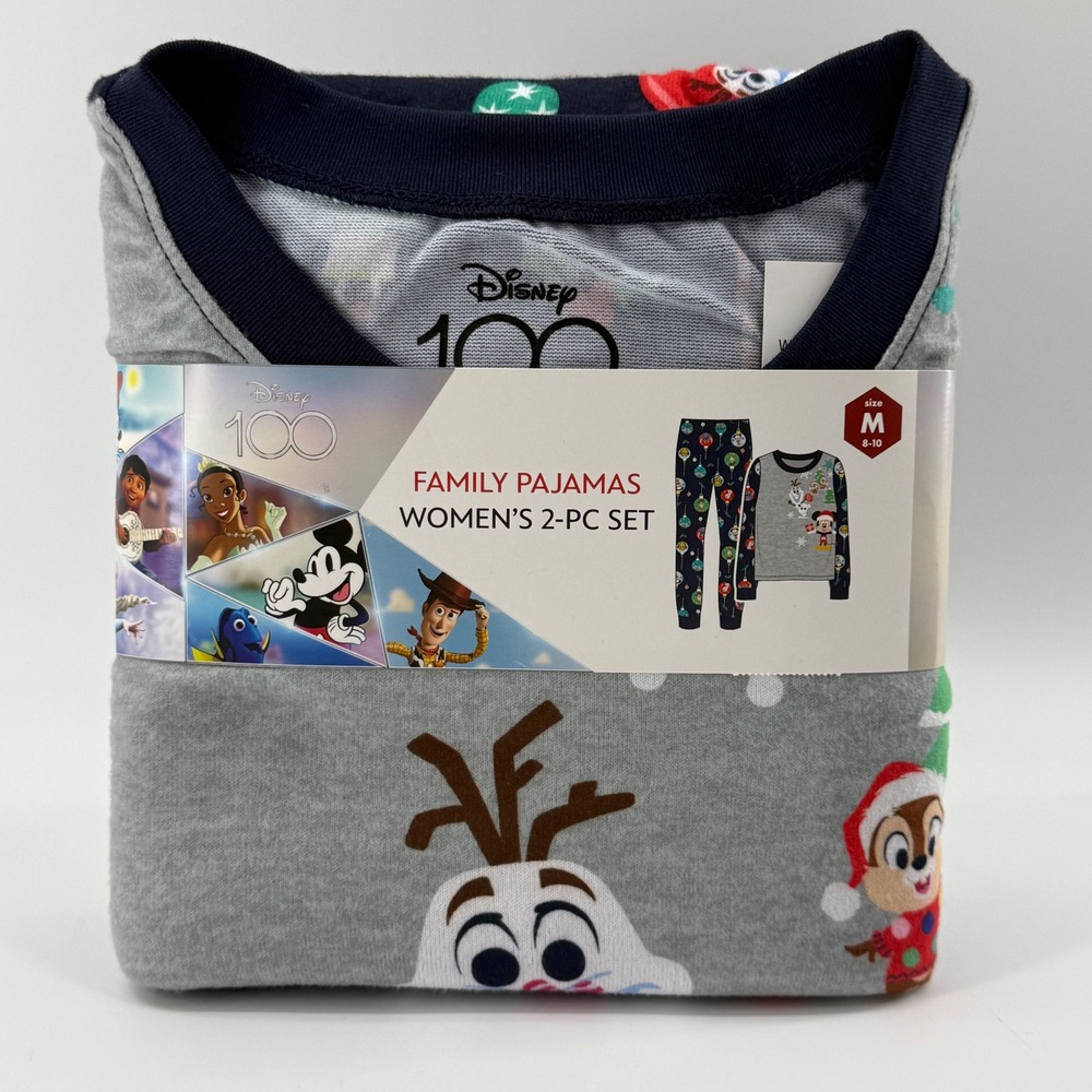 Disney Women Medium 2-PC Pajama Set Gray Navy Disney 100 Holiday Mickey Olaf PJs